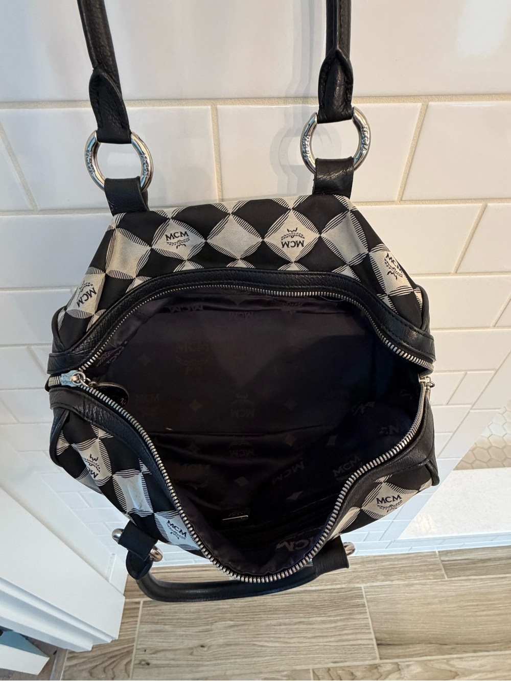 MCM Black and White Checker Logo Satchel with Leather Trim - Picture 5 of 6